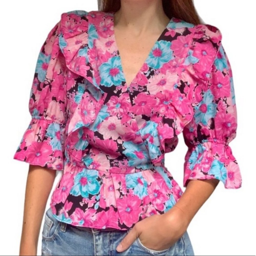 NWT WAYF Pink Floral Puff Sleeve Ruffle Wrap Top Pink, Teal & Black Print Small